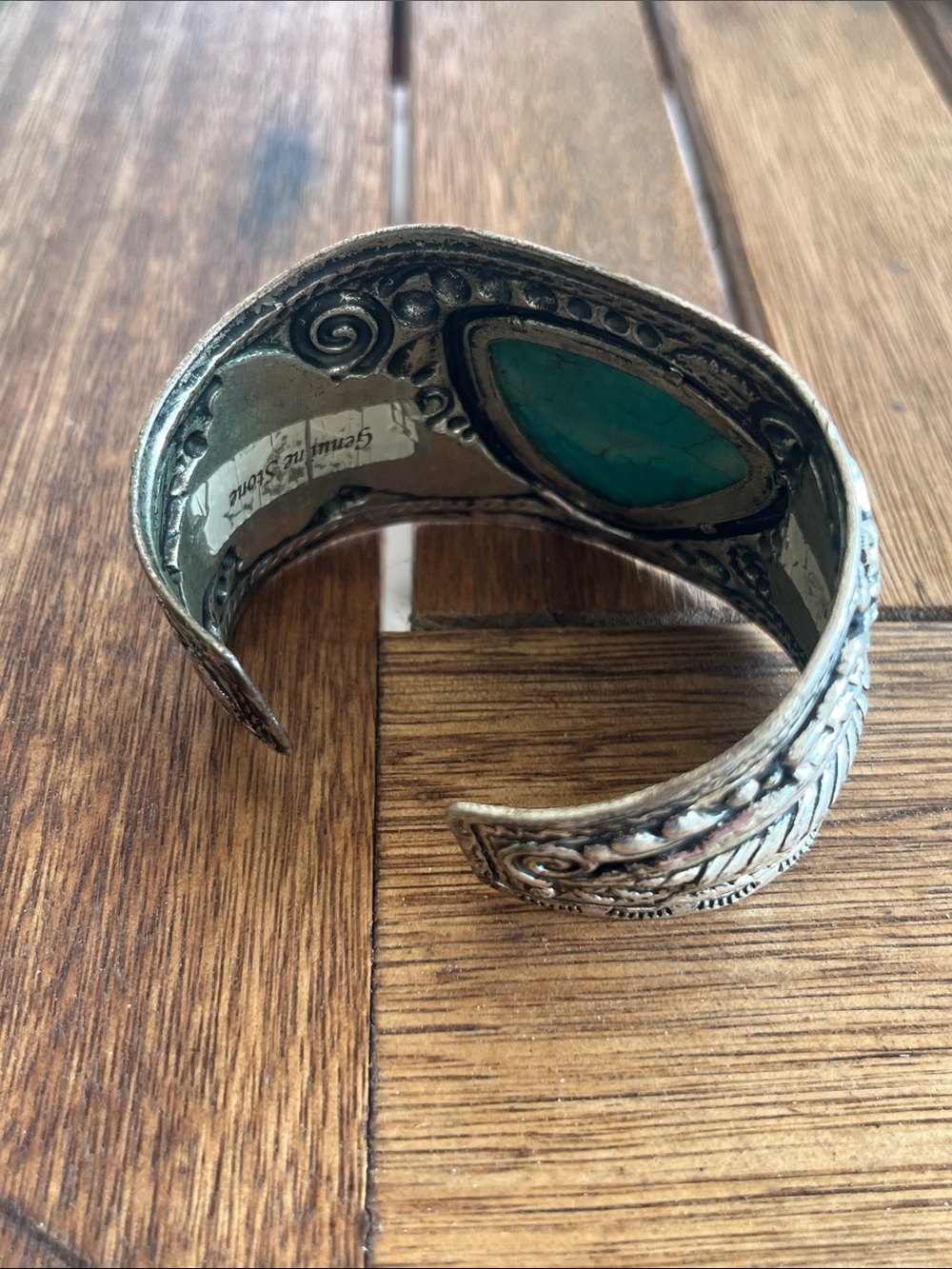 Turquoise Stone Silver-Tone Cuff Bracelet - Women Jewelry - Picture 4 of 6